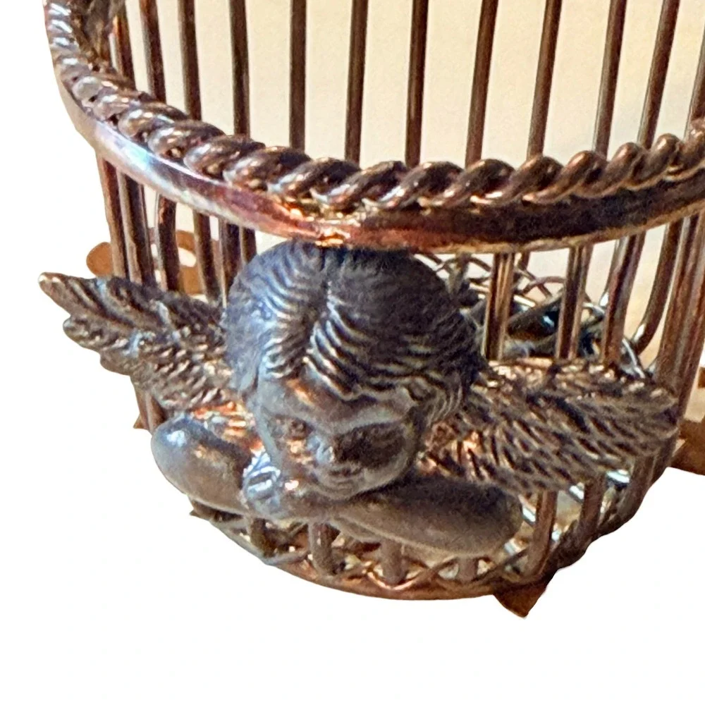 Vintage Silver Tone Miniature Cherub Angel Wire Basket Decorative Trinket Dish
